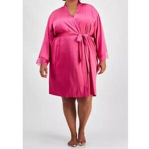 INC International Concepts Womens Plus Size Lace-Trim Satin Short Robe, Pink, 2X